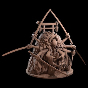 May include: A detailed, multi-armed figurine of a mythical creature with a mask, sitting in a meditative pose. The figurine is made of a light brown material and is surrounded by swords and a torii gate.