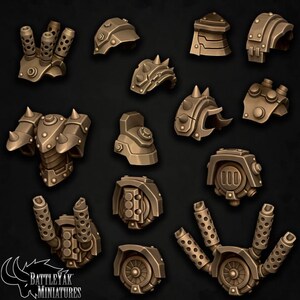 May include: A set of 12 metal miniatures for tabletop gaming. The miniatures are bronze in colour and feature various designs, including helmets, armour, and weapons. The miniatures are designed for use with a variety of tabletop games.