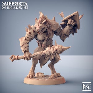 May include: A detailed miniature figurine of a wolf-like creature wearing armor and wielding a spiked club and shield. The figurine is painted in a light brown color and is posed in a dynamic stance.
