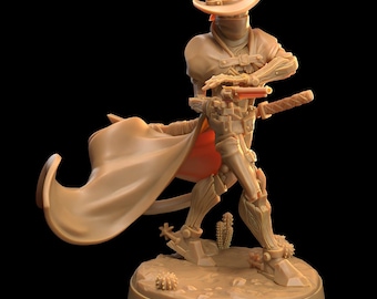 May include: A detailed miniature figurine of a robotic cowboy wearing a brown hat, a red and brown cape, and holding a gun and a sword. The figurine is standing on a desert-themed base with cacti.