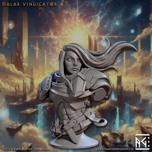 May include: Gray painted bust of a female figure with long flowing hair, wearing armor and a sword. The bust is on a circular base. The background is a fantasy landscape with clouds and towers.