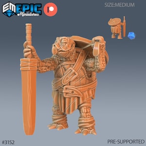 May include: A 3D printed miniature of a turtle warrior holding a sword and shield. The turtle is wearing armor and a kilt. The miniature is pre-supported and is part of a set of miniatures for tabletop role-playing games.