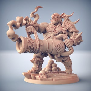 May include: A miniature figurine of an Orc holding a cannon, with smoke coming from the barrel. The Orc is wearing a leather vest with a skull and crossbones design. The figurine is painted in a flesh tone and is standing on a base with a skull and cannonballs.