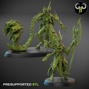 May include: Green fantasy figurines, including a creature with a long tail and a figure holding a staff. The figurines are on black bases. The text "PRESUPPORTED STL" is at the bottom of the image. A logo is in the upper right corner.