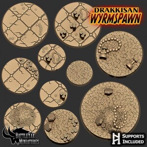 May include: A selection of tan miniature bases with diverse textures and details. Some bases display cracked earth patterns, while others have small circular or hexagonal elements. The text "DRAKKISAN WYRMSPAWN" is visible.