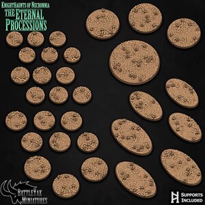 May include: A collection of round and oval miniature bases featuring a textured stone floor pattern with raised vine and rose details. The text KnightHaunts of Necronnia The Eternal Processions and BattleYak Miniatures Supports Included is visible.