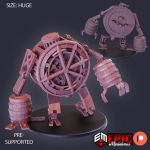 May include: A 3D-printed model of a mechanical automaton in a reddish-brown color. The automaton has a large circular wheel on its torso, barrel-shaped arms, and a gear-like head. The base is black, and the model is labeled "SIZE: HUGE" and "PRE-SUPPORTED".