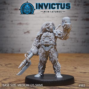 May include: A gray miniature figure of a furry creature holding a weapon and a helmet. The figure has a detailed chest piece and is standing on a black base. The text "INVICTUS - MINIATURES" is at the top. Base size: Medium (25.5mm).