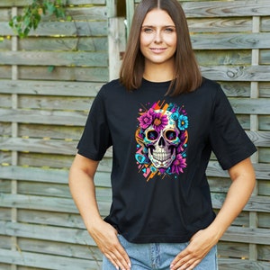 Graffiti Sugar Skull T-Shirt, Day of the Dead, Orange and Pink, Floral Dia de los Muertos, Graphic Tshirt, Women&#39;s Clothing, Men&#39;s Clothing