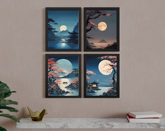 May include: Four framed prints of a Japanese landscape with a full moon and a pagoda. Each print features a different color scheme and moon phase.