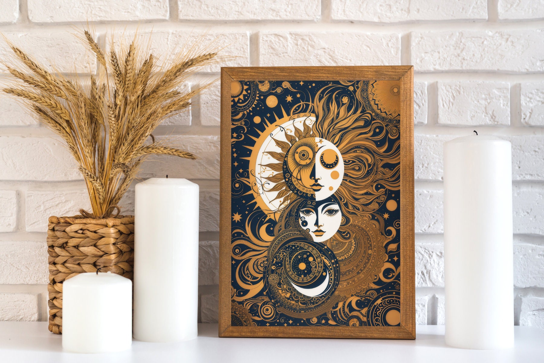 Mystic Celestial Woman Art Print, Sun and Moon, Digital Download, Living Room Art, Bedroom Printable Wall Decor, Halloween Print