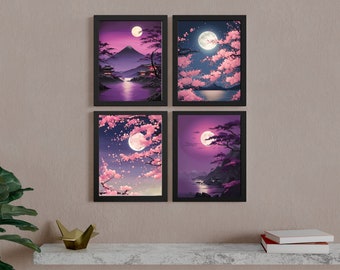 Digital Japanese Moonlit Sakura Art Prints - Set of 4, Japendi Wall Art, Minimalist Home Decor, Purple Celestial Prints, Sakura Blossoms
