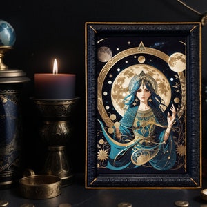May include: A framed illustration of a woman with long blue hair wearing a gold crown and a blue and gold robe. She is surrounded by moons and stars in a dark blue and gold background.