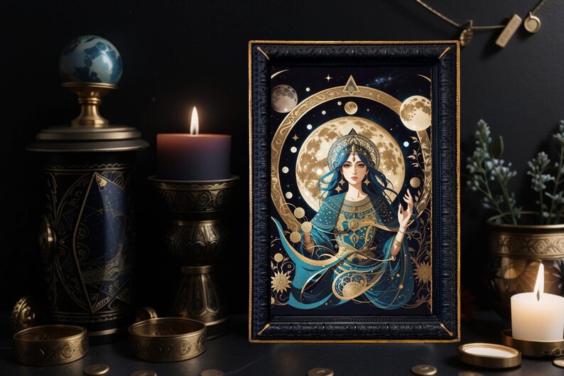 May include: A framed illustration of a woman with long blue hair wearing a gold crown and a blue and gold robe. She is surrounded by moons and stars in a dark blue and gold background.