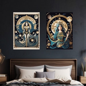 May include: Two framed prints of a woman in a blue and gold dress standing in front of a starry night sky with moons and stars. The woman is holding her hands up in a gesture of blessing.