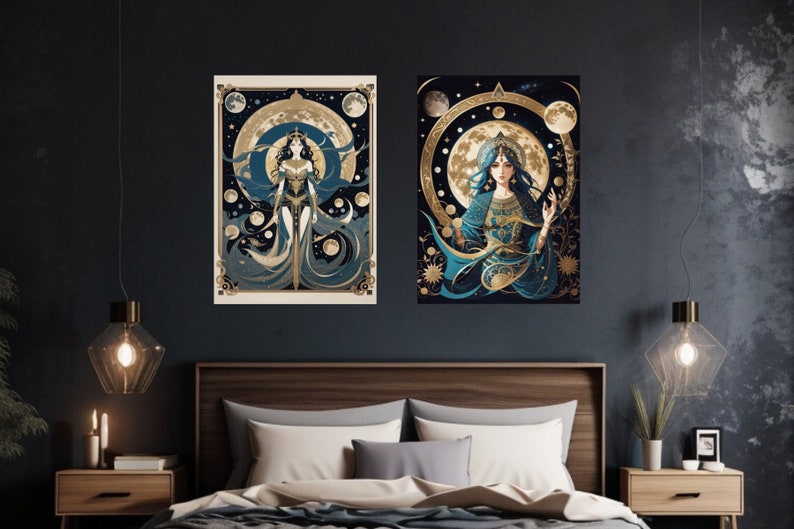 May include: Two framed prints of a woman in a blue and gold dress standing in front of a starry night sky with moons and stars. The woman is holding her hands up in a gesture of blessing.