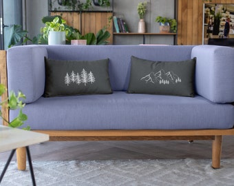 Cute Decorative Mountain and Tree Throw Pillow, Grey Reversible, Cabin Decor, Fall Decor