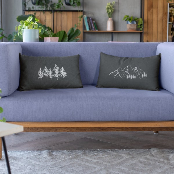 Cute Decorative Mountain and Tree Throw Pillow, Grey Reversible, Cabin Decor, Fall Decor