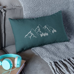 Cute Mountain Throw Pillow, Forest Green, Mountain Cabin Fall Decor, Chrismas Decor