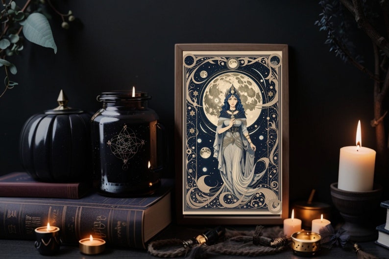 May include: A framed print with a vintage aesthetic featuring a woman in a flowing gown standing in front of a large moon. The background is a dark blue with stars and other celestial bodies. The print is surrounded by a decorative border.