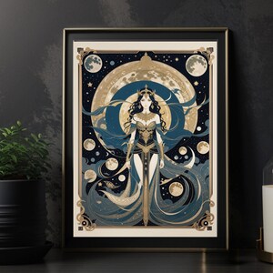 May include: A digital illustration of a woman in a gold and blue dress standing in front of a large moon with smaller moons in the background.