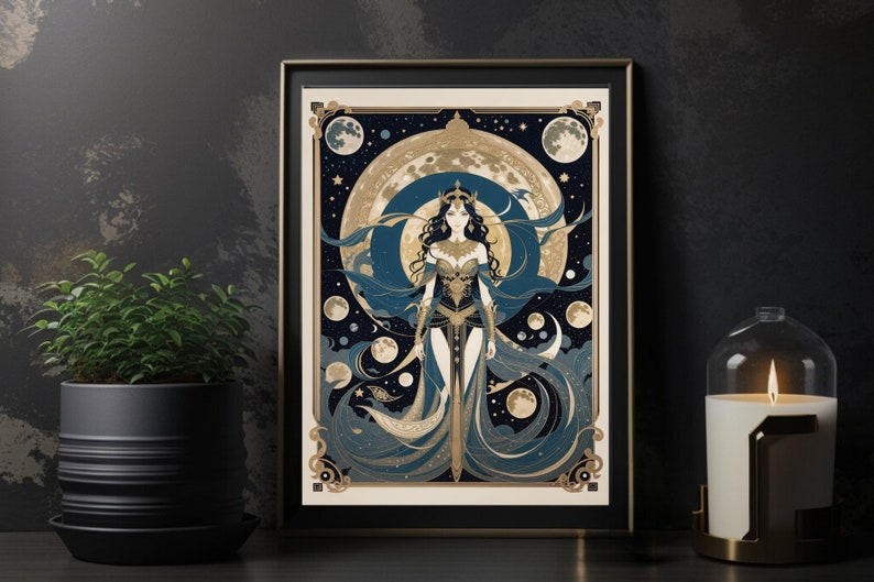 May include: A digital illustration of a woman in a gold and blue dress standing in front of a large moon with smaller moons in the background.