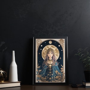 May include: A framed art print featuring a woman with long purple hair wearing a crown and a blue gown. The woman is surrounded by a golden moon and stars. The print has a black frame and a white mat.