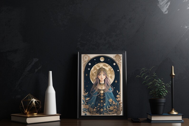 May include: A framed art print featuring a woman with long purple hair wearing a crown and a blue gown. The woman is surrounded by a golden moon and stars. The print has a black frame and a white mat.