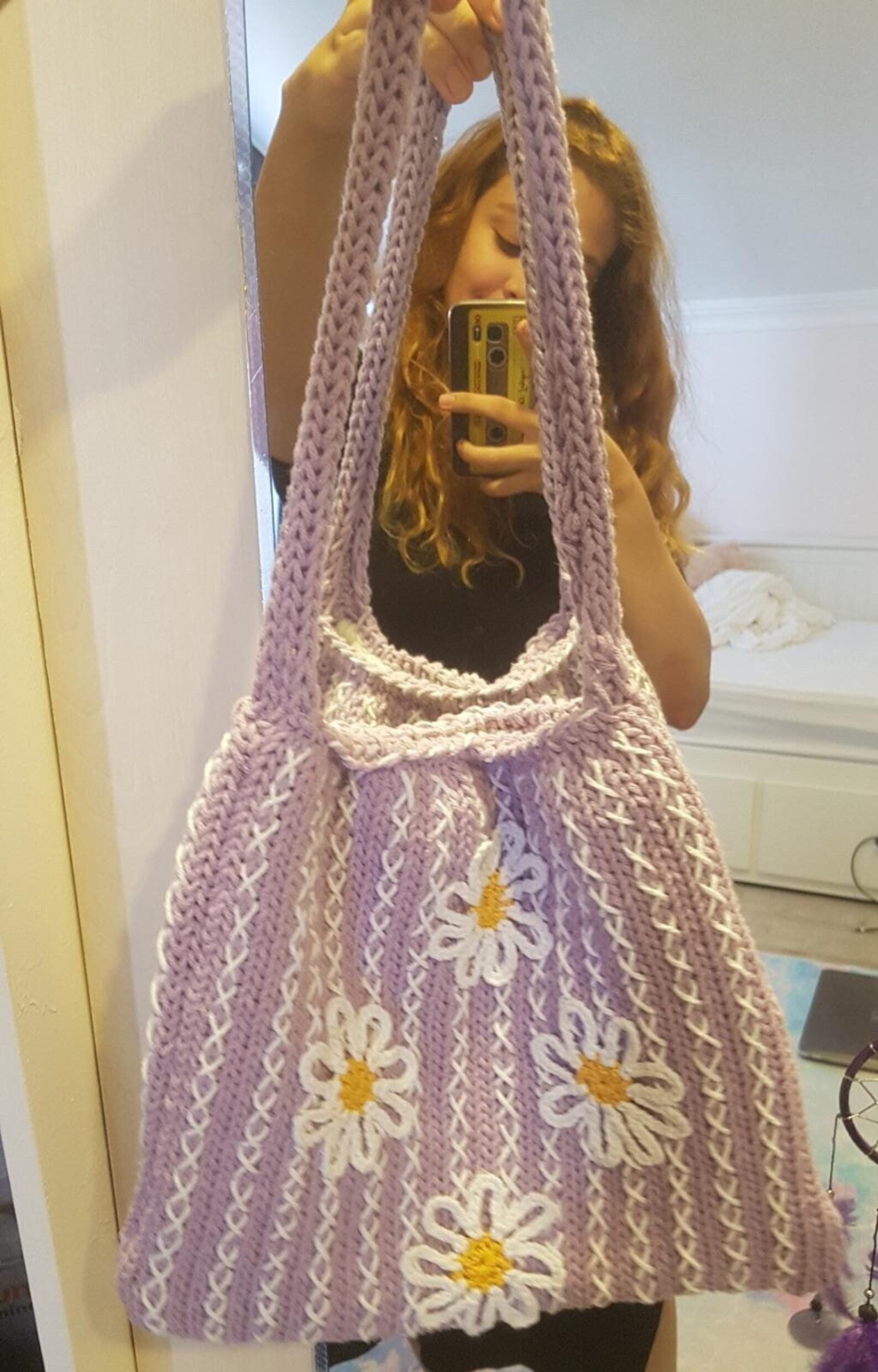 Daisy Flower Knit Crochet Bag Crochet Purse Crochet Tote Etsy