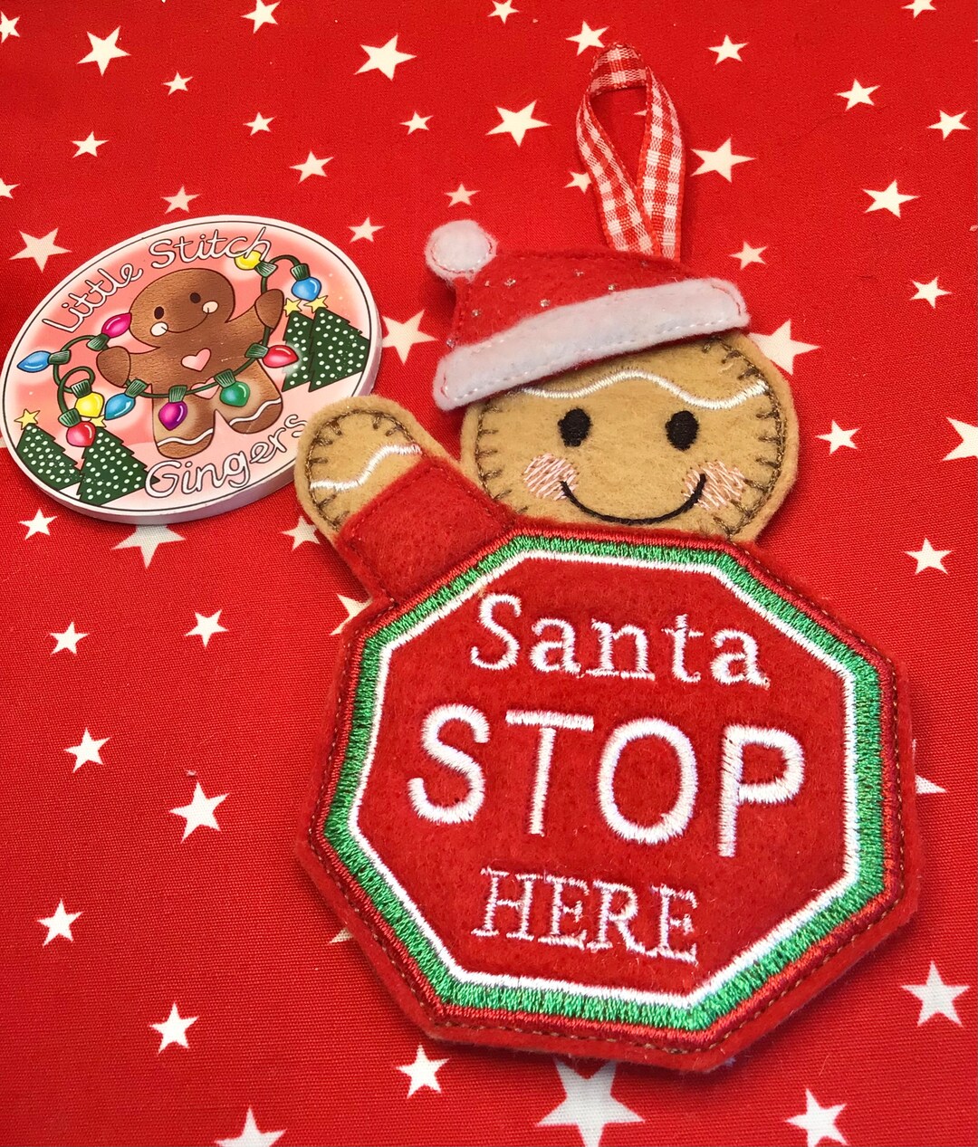 Santa Stop Here Gingerbread Man Tree Hanger Decoration, Santa Hat