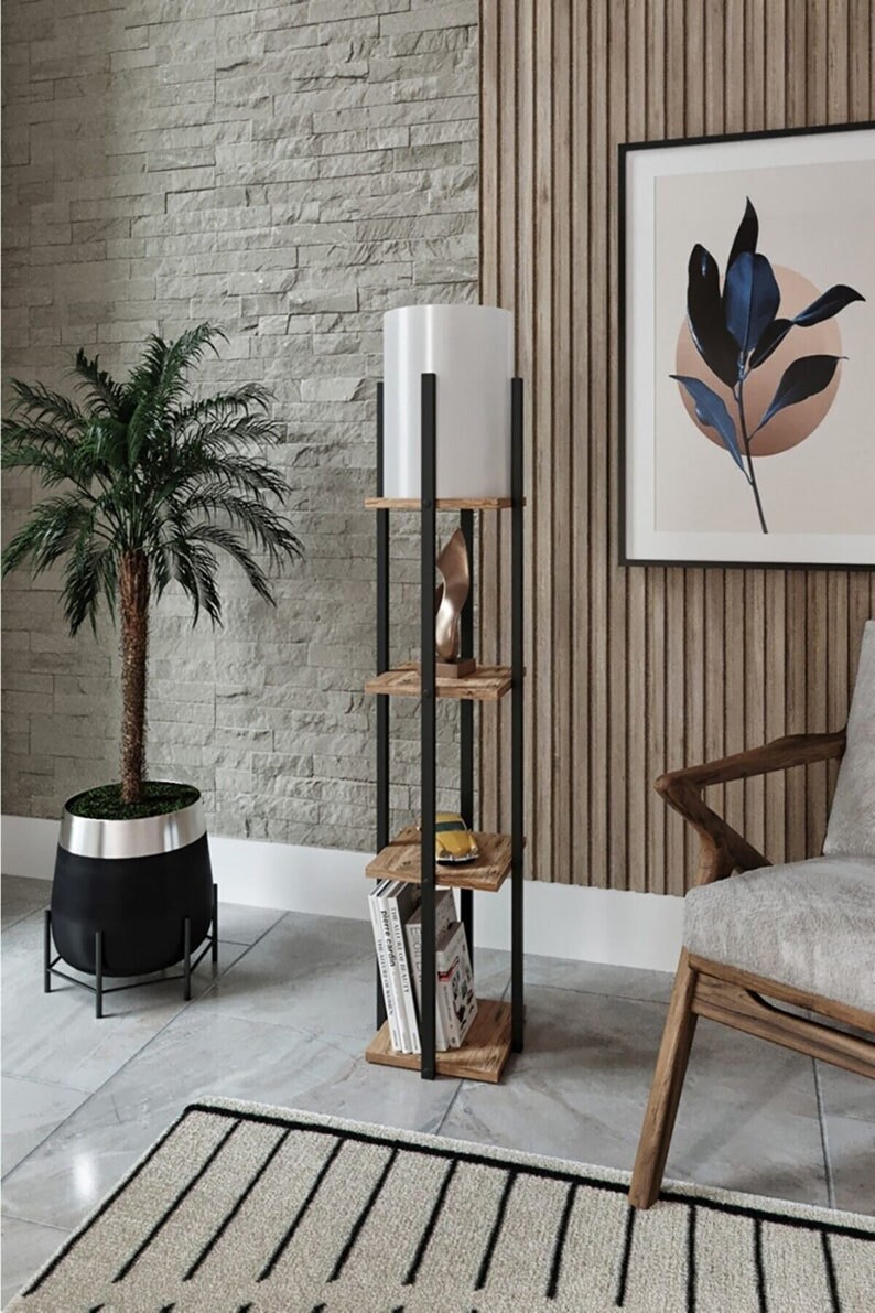 Wooden Floor Lamp With Shelf Rustic Floor Lamp Pine Wood | Etsy