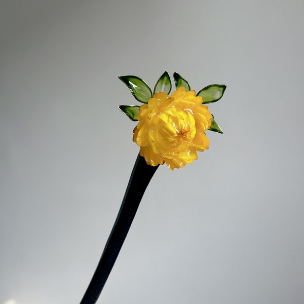 Flower Wood Hair Stick, Original Design Yellow Flower Hairpin, 100% Handmade Real Flower Hair Pin, Flowers Hair Stick,  Wooden Hair Fork