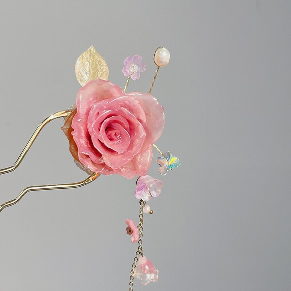 Original Design Real Rose Hairpin, 100% Handmade Flower Hair Pick, Pink Rose Hairpin, Real Flower Hair Stick,Flower Hair Fork Hair Bun Maker