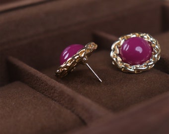 90's Purple Stud Earrings, Gold Tone Earrings Round, Purple Stud Earrings, Dainty Earrings, Purple Resin Earrings,Original Handmade Earrings