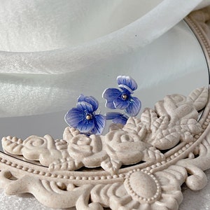 Purple Flower Shaped Earrings, Chic Women Stud Earrings, Purple Iris Flower Earrings, Minimalist Stud Ladies Earrings, Special Gifts For Her image 3