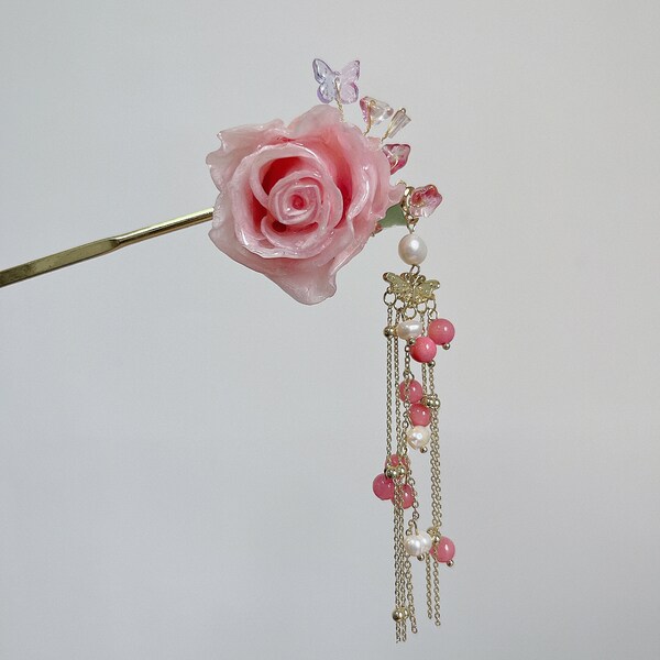 Original Design Real Rose Hairpin, 100% Handmade Flower Hairpin, Pink Rose Hair Pin, Rose Hair Pin, Pink Stone Beads Dangle Hair Stick