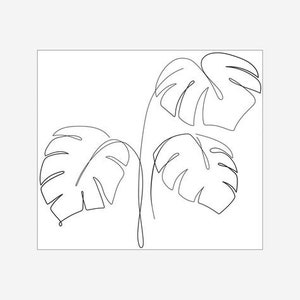 May include: A minimalist line drawing of Monstera leaves in black on a white background. The artwork features several large, split-leaf Monstera plants, rendered with a single continuous line, creating a modern botanical illustration.