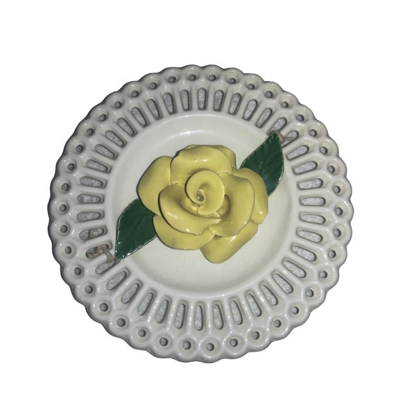 Vintage Decorative Wall Plate White LATTICE with 3D Applied Yellow Rose Slotted Border