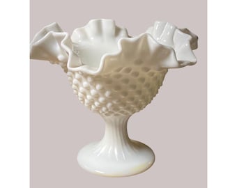 White Milk Glass Hobnail Ruffled Crimped Edge Compote Vase Dish