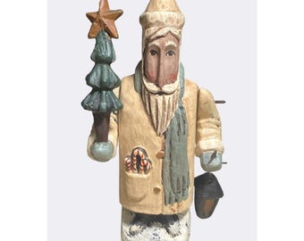 Handcrafted Greg Guedel Santa Figurine Holding Tree and Lantern