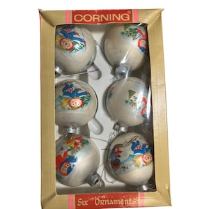 Corning Glass Works Christmas Ornaments Set Of 6 With  Rag Doll Scene Vintage 1973