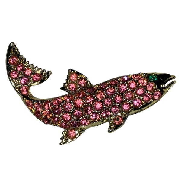 Pink Rhinestone Fish Brooch Pin Goldtone With Green Rhinestone Eye Vintage