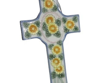 Floral Ceramic Cross Wall Hanging With Sunflower Design