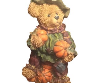 Fall Harvest Bear Figurine With Pumpkins and Hat  Autumn Decor Piece