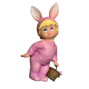 Vintage Pink Bunny Child Figurine With Basket & Flowers