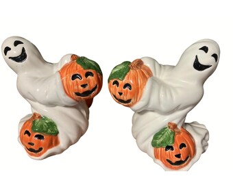 Pumpkin Ghosts Ceramic Candleholder Pair By Fitz And Floyd Halloween Decor Made In Sri Lanka