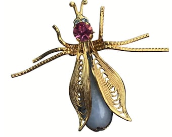 Bug Fly  Brooch Gold Tone With Pink Rhinestone and Blue Cabochon Body Vintage