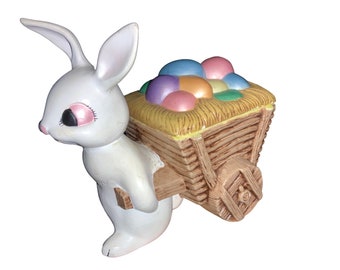 Ceramic Easter Rabbit Pulling Cart- White Rabbit Treat Jar Trinket Holder