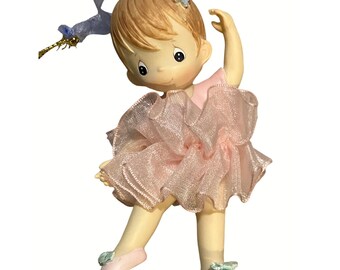 Ballerina Figurine Ornament In Pink Tutu With Blonde Hair & Blue Accents