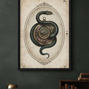 Könnte beinhalten: Ein gerahmter Kunstdruck, der eine dunkelgrüne Schlange zeigt, die sich um ein kreisförmiges, metallisches, kompassartiges Gerät mit komplizierten Markierungen windet. Die Illustration befindet sich in einem ovalen Rahmen auf einem gealterten Hintergrund.